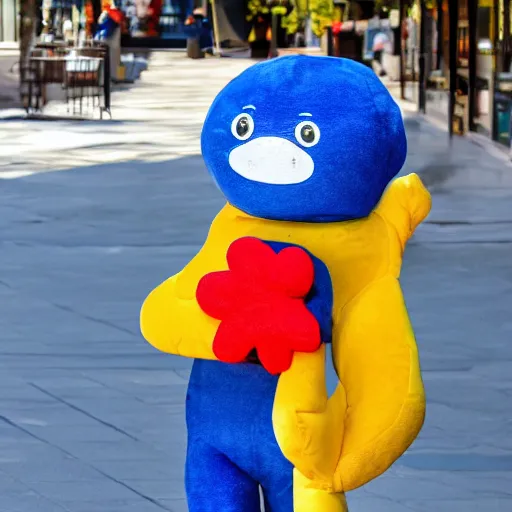 Image similar to blue'snappy gifts'human - sized plush doll, on sidewalk, holding gift, happy atmosphere, high detail, soft lighting, 8 k