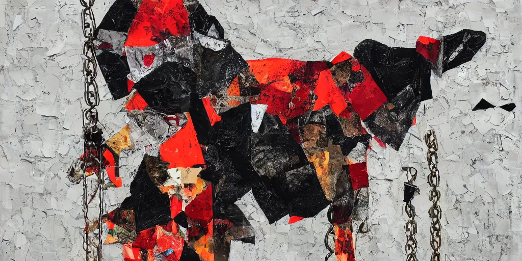 Image similar to mad dog on a chain, collage, sweeping paper and acrylic on canvas, minimalism and expressionism movement, breathtaking detailed, by natalia dumitrescu