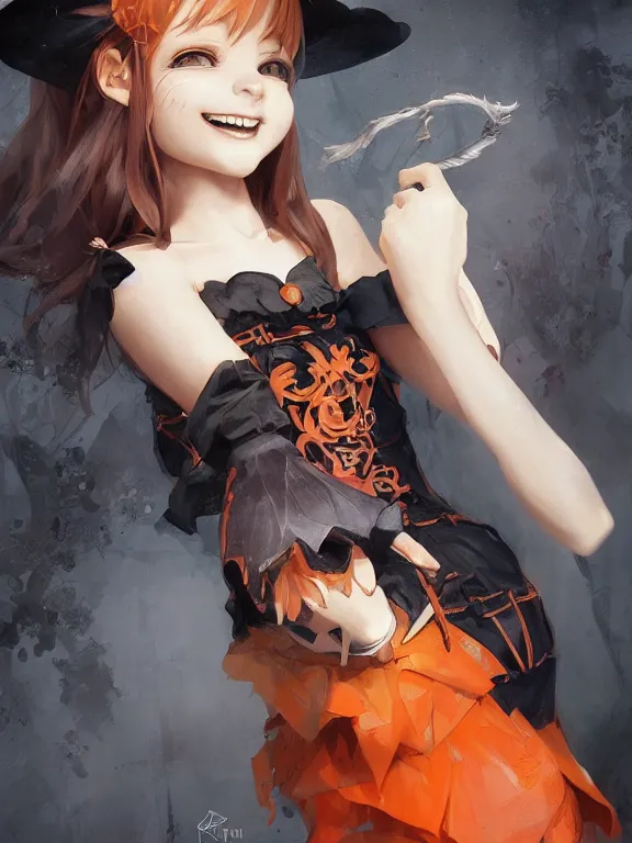 Prompt: Full shot of a mischievous young witch with a cute smile about to get up to some trouble. Latin inspired fashion. Black and Orange palette. Latina girl. From Encanto. By Ruan Jia and Artgerm and Range Murata and WLOP and CLAMP and Loish. Key Art. Fantasy Illustration. award winning, Artstation, intricate details, realistic, Hyperdetailed, 8k resolution.