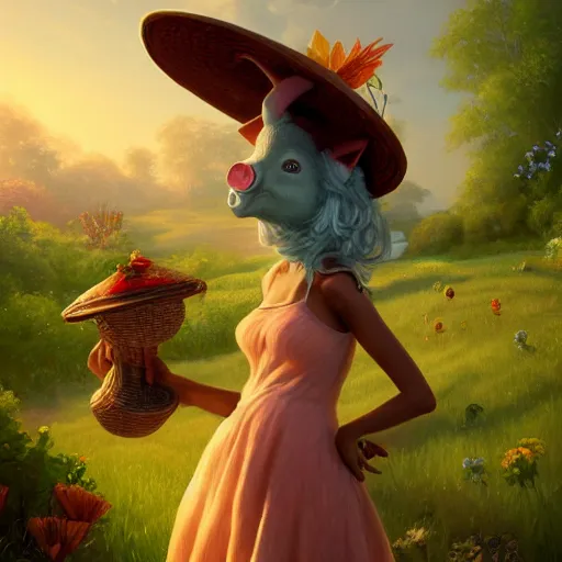 Prompt: an anthropomorphic piggy wearing a sundress and a sunhat, garden, summer, 8k resolution matte fantasy painting, cinematic lighting, DeviantArt, Artstation, Jason Felix Steve Argyle Tyler Jacobson Peter Mohrbacher