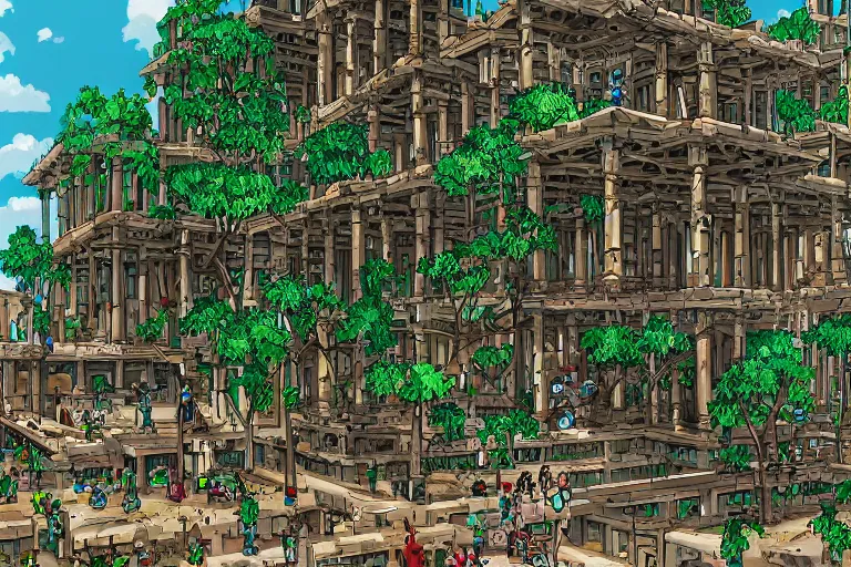 Prompt: ancient city of Babylon, hanging gardens of babylon. Robot mechas roaming the streers of ancient babylon. By ash ketchum, highly detailed