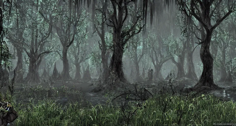 Image similar to A dense and dark enchanted forest with a swamp, from Lineage 2