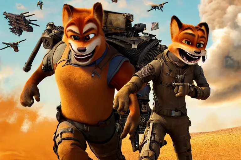 Image similar to nick wilde, heavily armed and armored facing down armageddon in a dark and gritty reboot from the makers of mad max : fury road : witness me