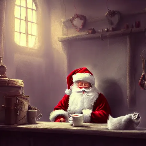 Prompt: depressed santa claus sitting in his workshop crying. dimly lit. dark. with a sexy white fluffy cat 4 k rtx hdr volume light concept studio matte painting environement digital illustration style artstation artur tarnowski, mihai muscan, marcin tomalak, marta leydy,