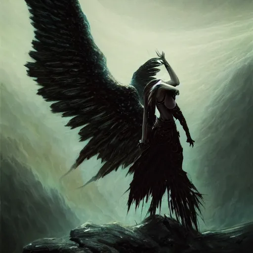 Image similar to painting of a fallen angel paladin with big burnt wings reaching the summit of a haunted mountain, sharp focus, award - winning, trending on artstation, masterpiece, highly detailed, intricate. art by seb mckinnon