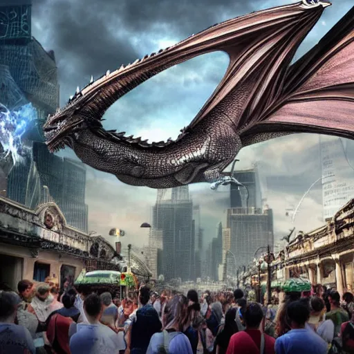 Prompt: a dragon being looked by a lot of people in a city, photorealistic