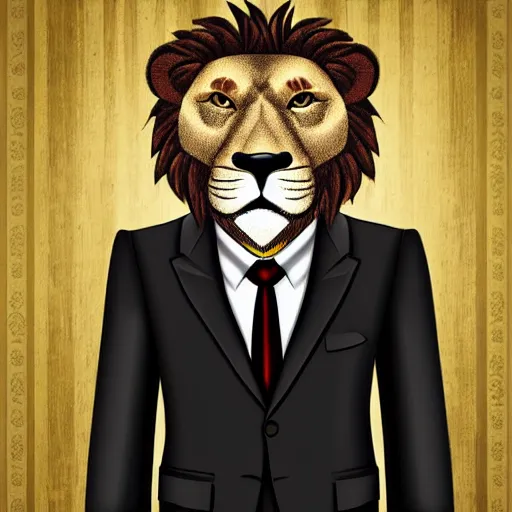 Image similar to a handsome anthropomorphic lion with short hair in an expensive suit, high quality digital art