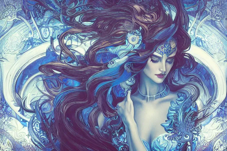 Image similar to a pretty woman with glowing blue eyes made of liquid metal surrounded by an environment designed by Joe Fenton, fog, volumetric lighting, intricate, elegant, highly detailed, digital painting, artstation, concept art, smooth, sharp focus, art nouveau, art by artgerm and raymond swanland and alphonse mucha