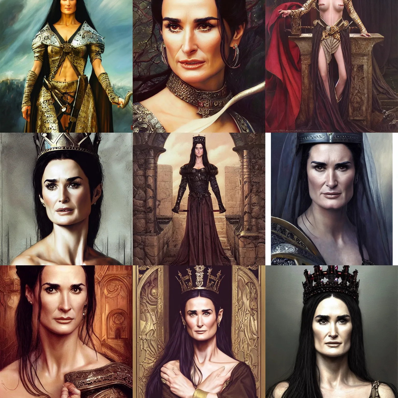 Prompt: 2 5 yo demi moore as a beautiful medieval queen by gerald brom + mark arian + stanley artgerm lau + wlop, extremely detailed, hyper realistic, smooth, sharp focus