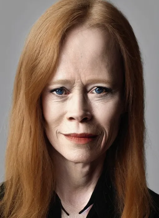 Image similar to a genetic combination of a young sissy spacek and sigourney weaver, late thirties, blond hair, brown eyes, face and shoulders focus