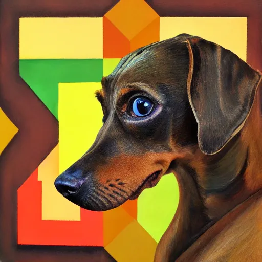 Image similar to brindle dachshund profile picture by Mandelbrot, Benoit B., asymmetrical, Organic Painting, Matte Painting, geometric shapes, hard edges, street art, symmetric face, symmetric eyes