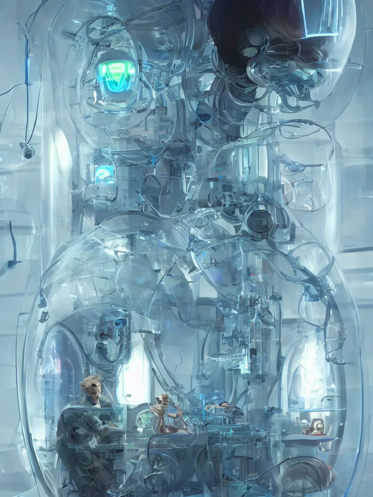 Prompt: a very beautiful cyborg made of transparent glossy glass skin surrounded with glowing tubes inside an incubator of a futuristic hospital bio lab, rendered by beeple, by syd meade, by android jones, by yoanne lossel, by artgerm and greg rutkowski, space art concept, sci - fi, digital art, unreal engine, wlop, trending artstation