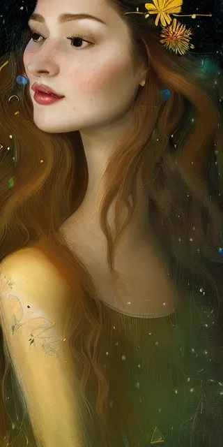 Image similar to young woman, serene smile, surrounded by golden firefly lights amidst nature, full covering intricate detailed dress, long red hair, precise linework, accurate green eyes, small nose with freckles, beautiful smooth oval shape face, empathic, expressive emotions, dramatic lights spiritual scene, hyper realistic ultrafine art by artemisia gentileschi, jessica rossier, boris vallejo