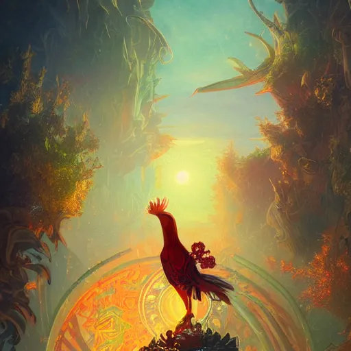 Image similar to the solarpunk phoenix, red bird, ornate egg, regeneration, landscape, epic composition, volumetric light, bokeh, inspired by peter mohrbacher and by alphonse mucha