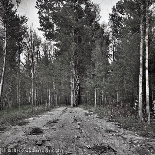 Prompt: an abandoned road within the Chernobyl Exclusion Zone, high resolution vintage photograph, abandoned huts