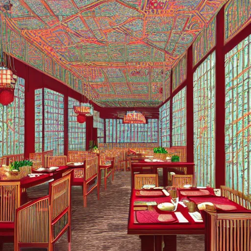 Image similar to a beautiful hyperdetailed 4 k hd wallpaper illustration interior of roasted string hotpot restaurant restaurant yan'an, wall painting, from china, with merchant logo, fine delicate structure, chinese style, victo ngai