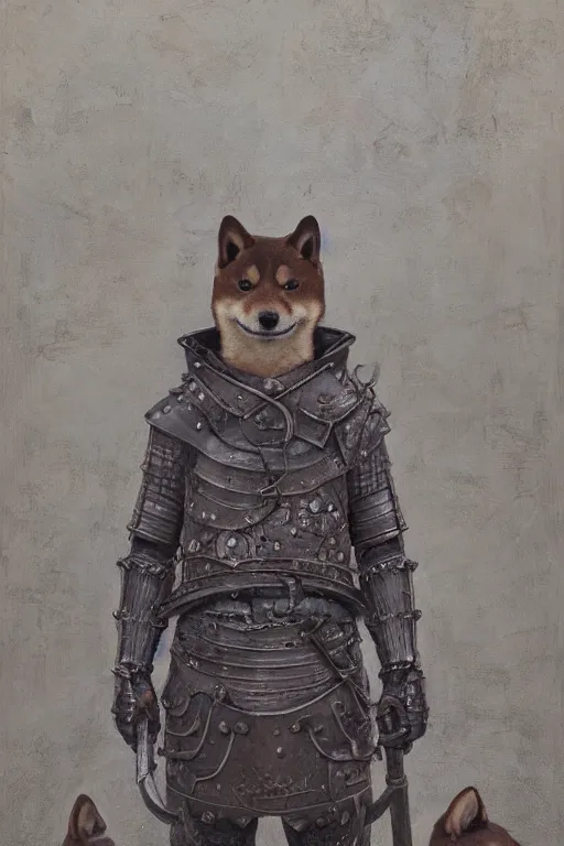 Image similar to a detailed matte portrait of an anthropomorphic shiba inu in steel plate armor, shiba inu face, very large longsword leaning against the side of a tavern, city streets, masterpiece, 8 k, art by donato giancola and greg rutkowski and wayne barlow and zdzisław beksinski