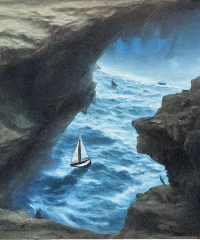 Prompt: photorealistic blue - toned painting of a 1 9 2 5 bay boat sailing near a jamaican cliff with the mouth of a sea cave at the waterline, dark, brooding, atmospheric, lovecraft, horror, smooth, epic, highly detailed, cinematic