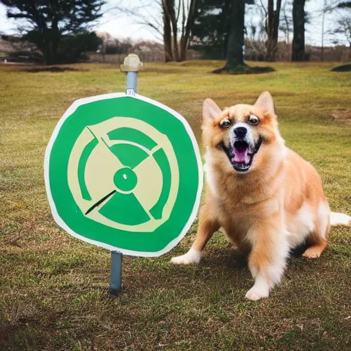 Image similar to professional photo of a dog holding a sign with a nuclear radiation warning on it