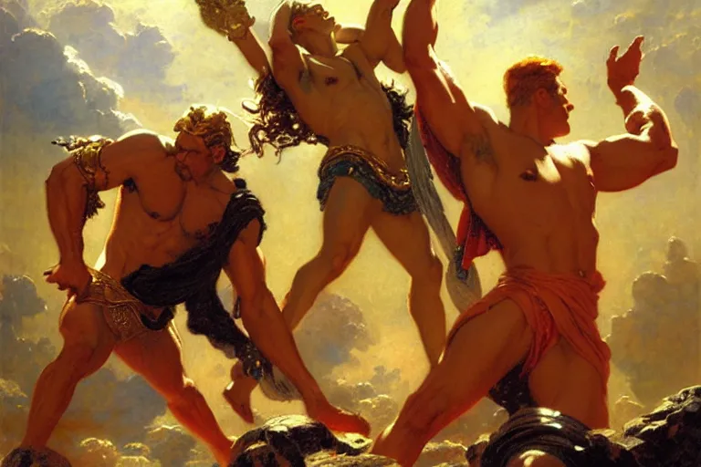 Prompt: zeus banishes ares from olympus, painting by gaston bussiere, craig mullins, j. c. leyendecker, tom of finland