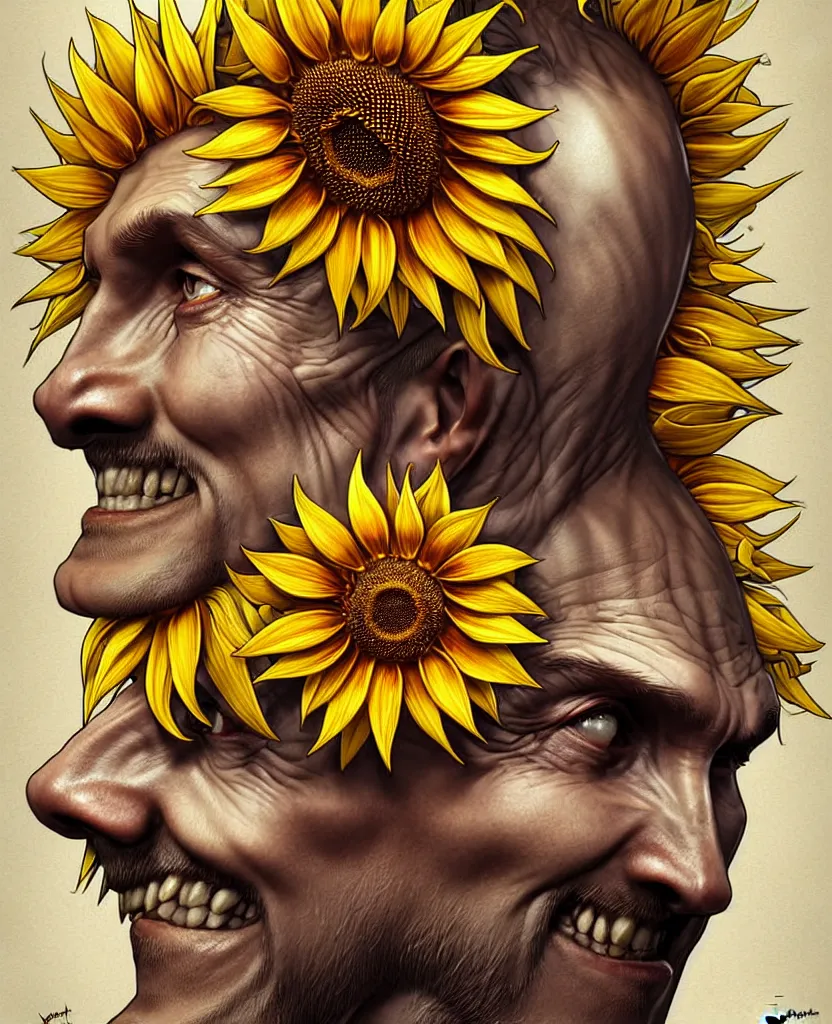 Image similar to digital art, centered full body of Putin smiling king, Sunflower crown, ,intricate, veins, by James Jean and by artgerm , by ross tran ultradetailed, charachter design, concept art, trending on artstation,