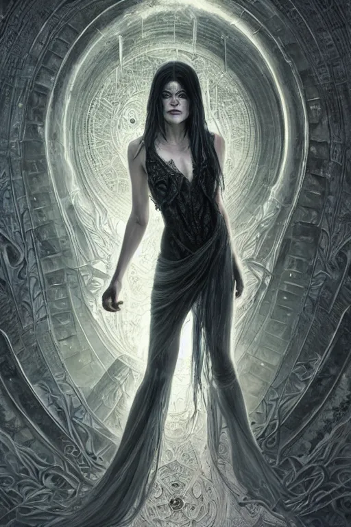 Prompt: portrait of selma blair as death of the endless, the sandman, grey clothes, in persian temple wet night, sci - fi and fantasy, intricate and very very beautiful and elegant, highly detailed, digital painting, artstation, concept art, smooth and sharp focus, illustration, art by tian zi and wlop and alphonse mucha