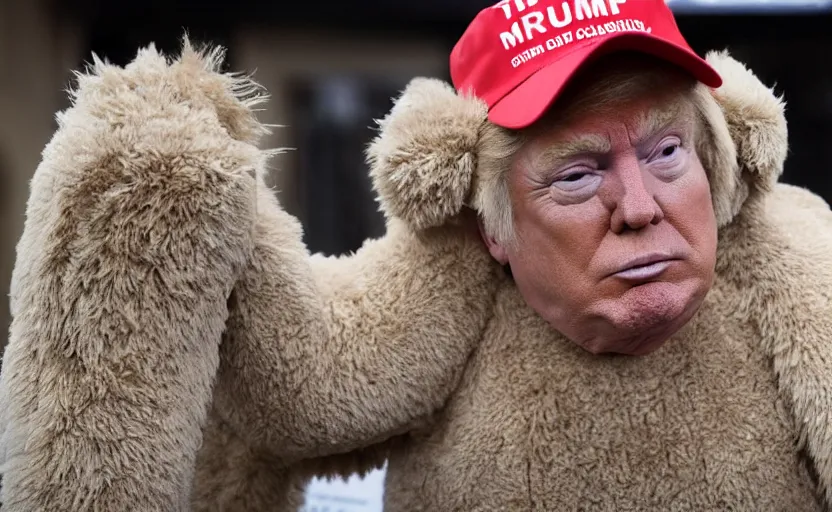 Image similar to Donald Trump in a baby mammoth costume , with an open face