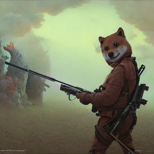 Image similar to anthropomorphic shiba inu, holding sniper riffle, science fiction, cementary, scifi, 3 d render, masterpiece, red aura, by donato giancola and greg rutkowski and wayne barlow and zdzisław beksinski, realistic face