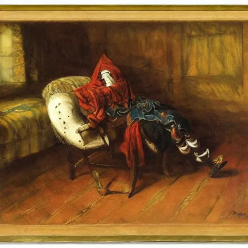 Image similar to a jester slumped over in an armchair, dark lighting, oil painting, by jan matejko