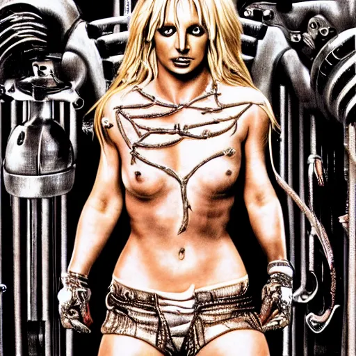 Prompt: britney spears by h. r. giger, biomechanic, complex scene, heavy in detail, corruption,