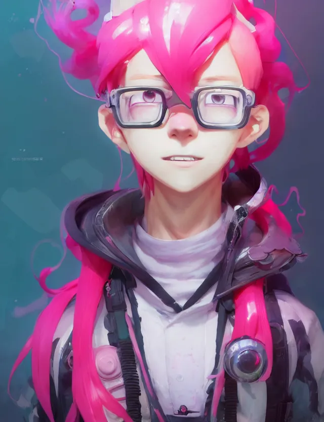 Image similar to a beautiful portrait of a cute splatoon anime male with pink hair. character design by cory loftis, fenghua zhong, ryohei hase, ismail inceoglu and ruan jia. artstation, volumetric light, detailed, photorealistic, fantasy, rendered in octane