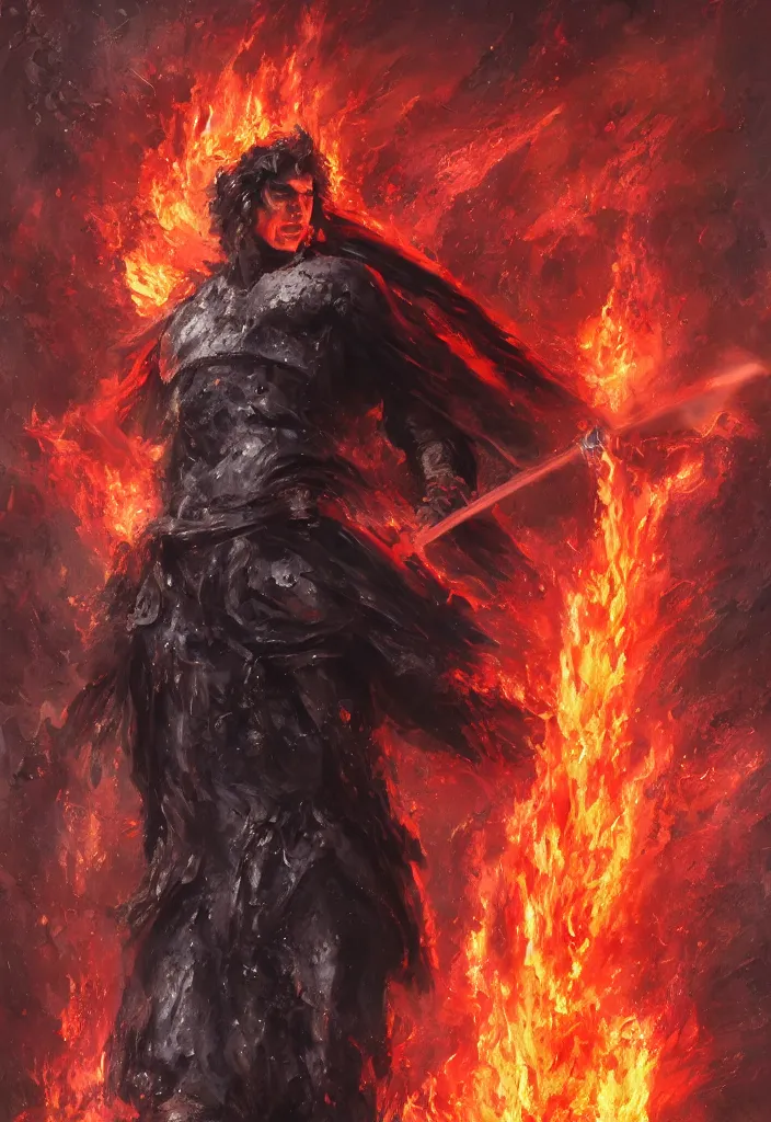 Image similar to an angel with red eyes and a flaming sword standing in heavy rain while doing a heroic pose, oil on canvas, realistic, concept art, fantasy, 8 k, digital art.