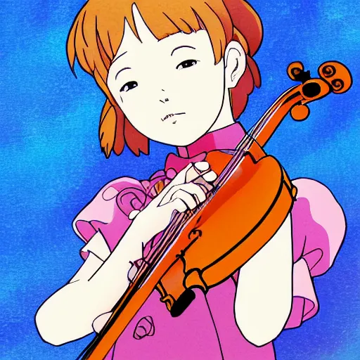 Image similar to cell shaded key visual of a young girl in a floral playing dress the violin in the style of studio ghibli, moebius, makoto shinkai,