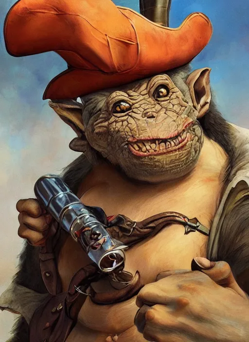 Prompt: boris vallejo and studio ghibli pathfinder 2 e illustration of a goblin mixed with a monkey smoking a cigar, pirate themed, character portrait, unreal engine, hyper realism, realistic shading, cinematic composition, realistic render, octane render, detailed textures, photorealistic, wide shot