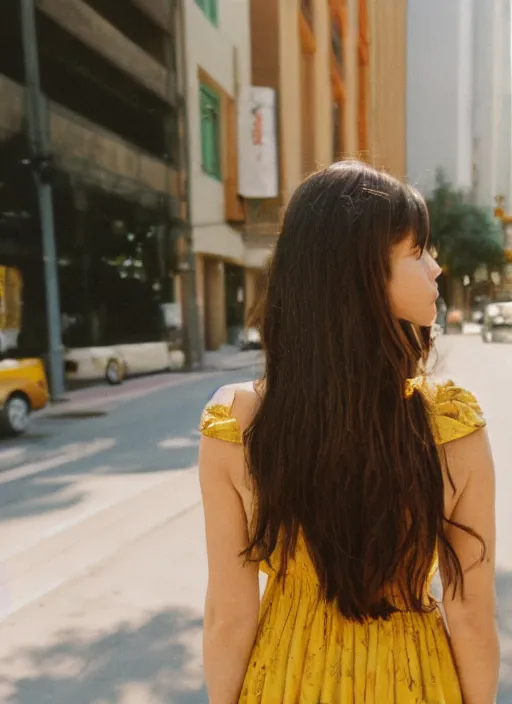 Prompt: a beautiful brown hair woman in a yellow sun dress in downtown Los Angelas, 50mm lens, Kodak Portra 400 film