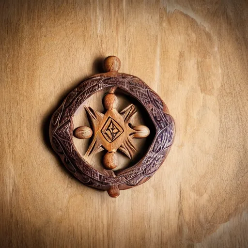 Image similar to a hand - carved wooden talisman made to ward off poltergeists, studio photography, high quality