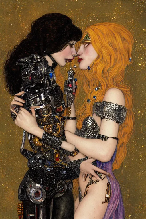 Prompt: portrait of two beautiful young gothic cyborg maidens kissing, cyberpunk, Warhammer, highly detailed, artstation, illustration, art by Gustav Klimt