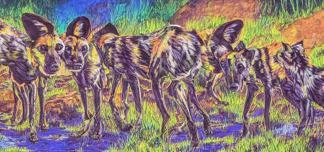 Image similar to pack of african wild dogs near a watering hole, painted by studio ghibli with psychedelic colors