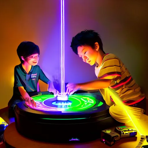 Image similar to a magic gaming machine connected to a boy with a helmet and electric cable with colorfull rays of light illuminate the environment by vanessa morales, studio ghibli,