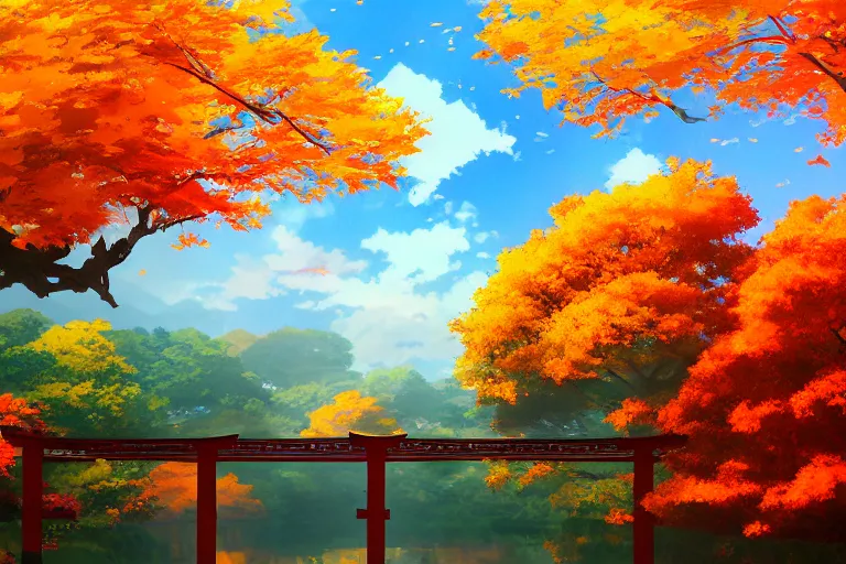 Prompt: hypnagogic reflections by makoto shinkai, centered torii gate, japanese countryside, autumn foliage season, skyscape, anime wallpaper, 4k, trending arstationhq, daily deviation