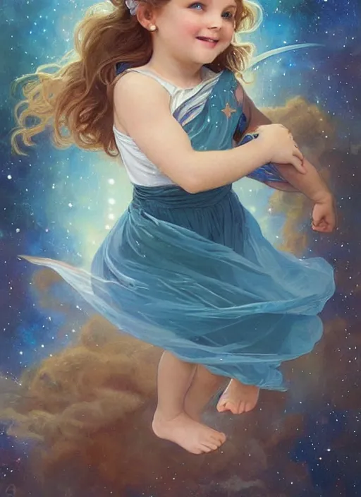 Prompt: a cute little girl with blue eyes, and short wavy light brown hair smiles as she floats in space with stars all around her. she is wearing a turquoise space themed dress. beautiful painting by artgerm and greg rutkowski and alphonse mucha