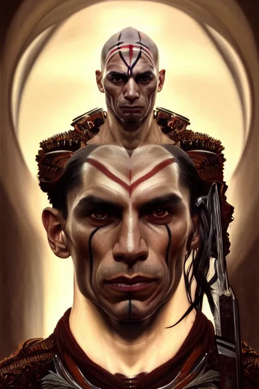 Image similar to symmetry!! portrait of zahn mcclarnon in the style of god of war, machine parts embedded into face, intricate, elegant, highly detailed, digital painting, artstation, concept art, smooth, sharp focus, illustration, art by artgerm and greg rutkowski and alphonse mucha, 8 k