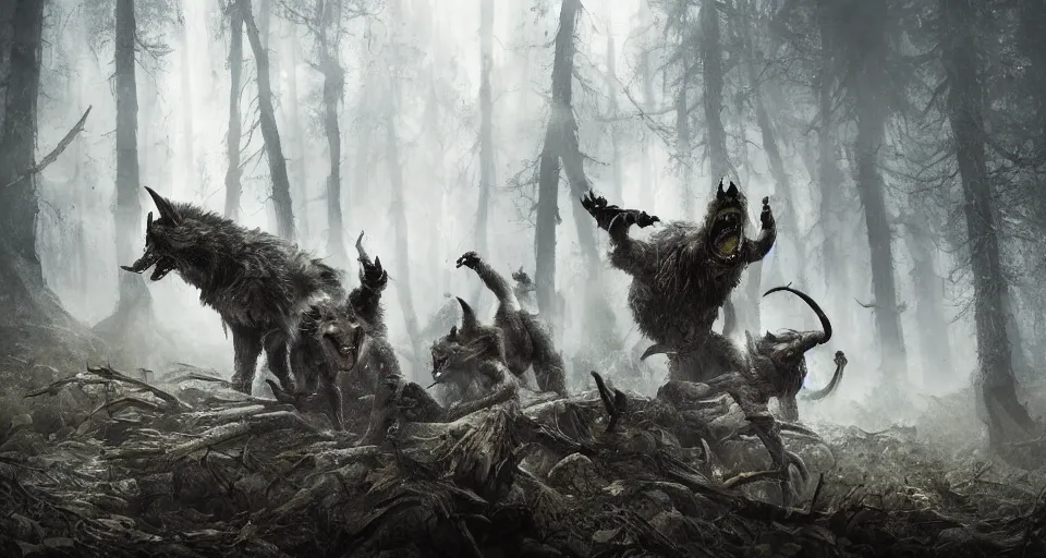 Image similar to an epic action concept masterpiece of a rabid wolfpack, in a forest made of nightmares, horrific digital art, extremely moody lighting, style of igor kieryluk