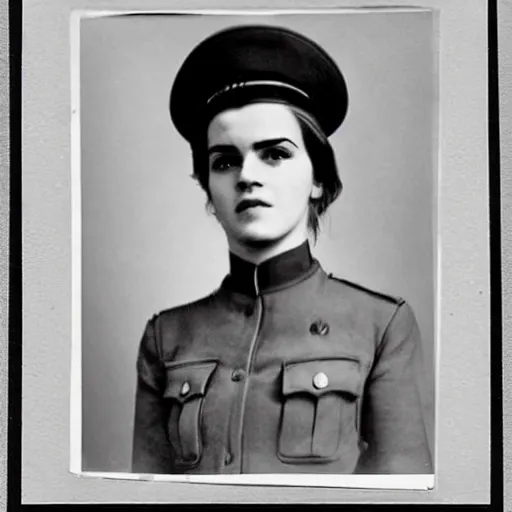 Prompt: photograph of soviet political commissar comrade emma watson, vintage war photograph, famous photo