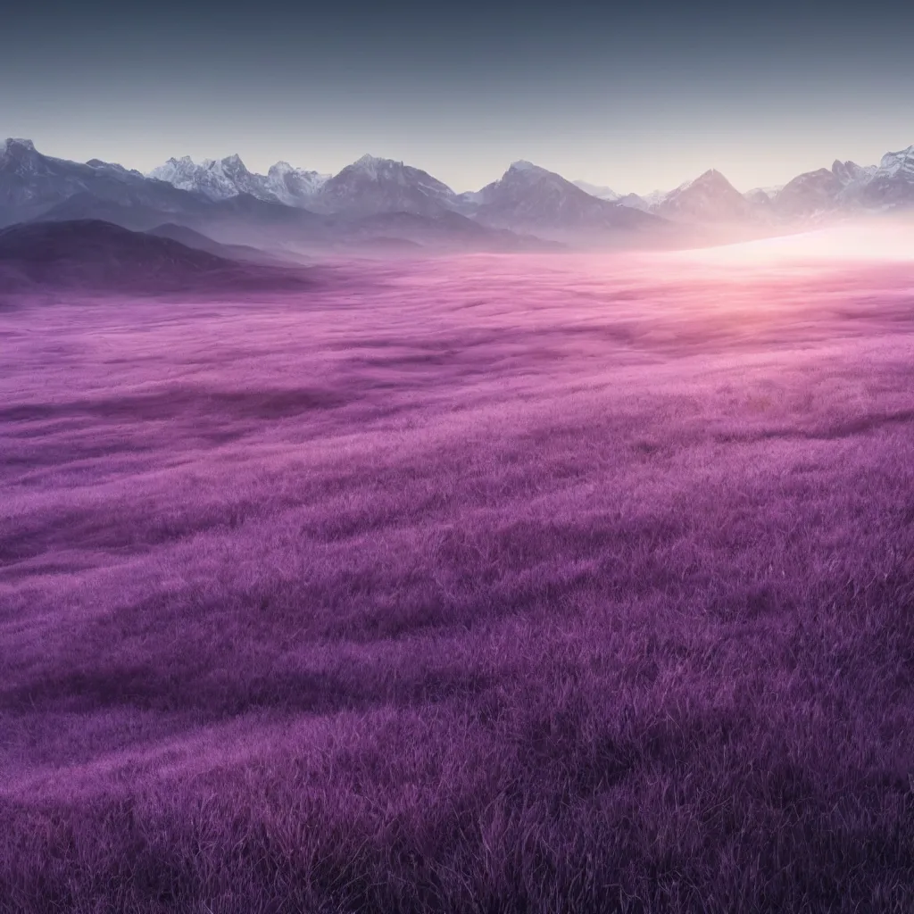 Prompt: fields of white grass, shadowed mountains in the horizon, black sky with an everlasting purple dusk, etheral, epic, highly detailed, high resolution, 4 k, 8 k, hyperrealistic landscape