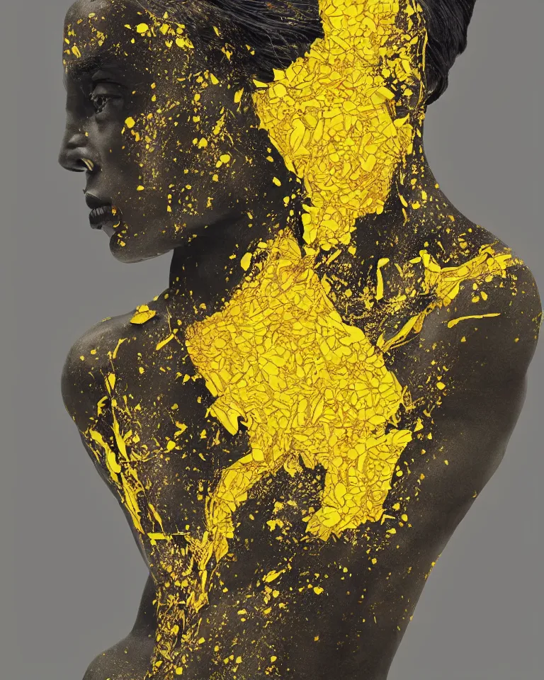 Image similar to symmetrical painting of a fractured obsidian greek woman statue of a topaz sunflowers yellow dripping paint fixed with kintsugi, rendered in octane trending on cgsociety. extremely detailed and intricate art