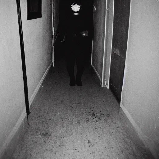 Image similar to creepy photo found on the dark web, masked person in corner, in the style of 35mm flash photography, award winning photograph,