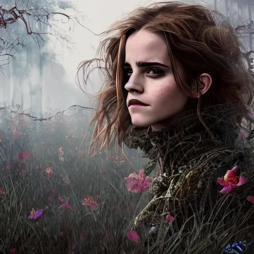 Image similar to emma watson as a swamp witch, digital art, trending on art station, swamp background, illustration, character illustration, 4 k, hyper detailed, by jason chan