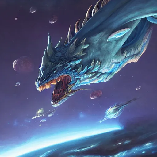 Image similar to Gigantic blue scaled dragon devouring an earth like planet while flying in space, sun system, nebula, behemoth, oil painting, by Fernanda Suarez and Edgar Maxence and Greg Rutkowski