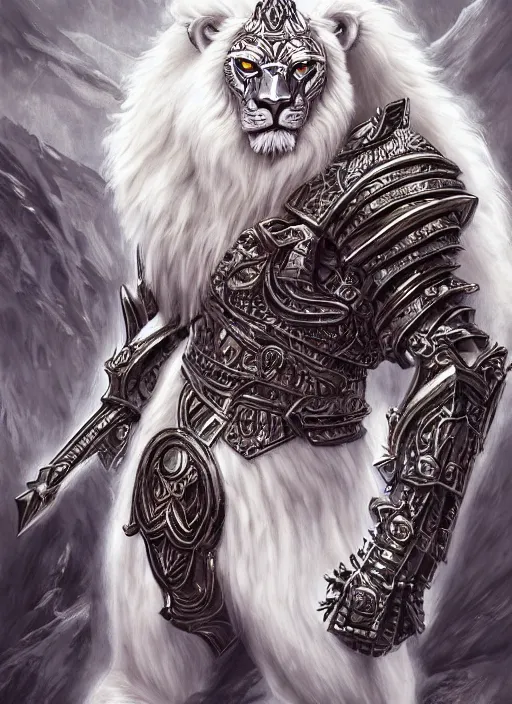 Image similar to anthropomorphized white lion paladin casting spell, heroic pose, concept art, insanely detailed and intricate, hypermaximalist, elegant, ornate, hyper realistic, super detailed, art deco, cinematic, trending on artstation, magic the gathering artwork